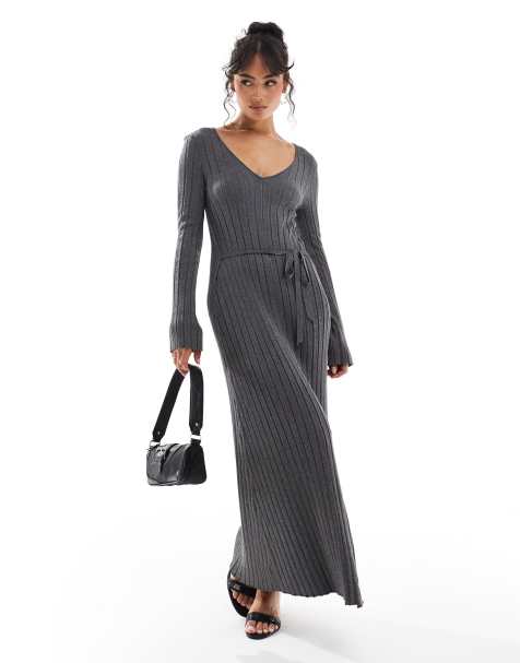Pretty Lavish tie knit midaxi dress in charcoal - view 1
