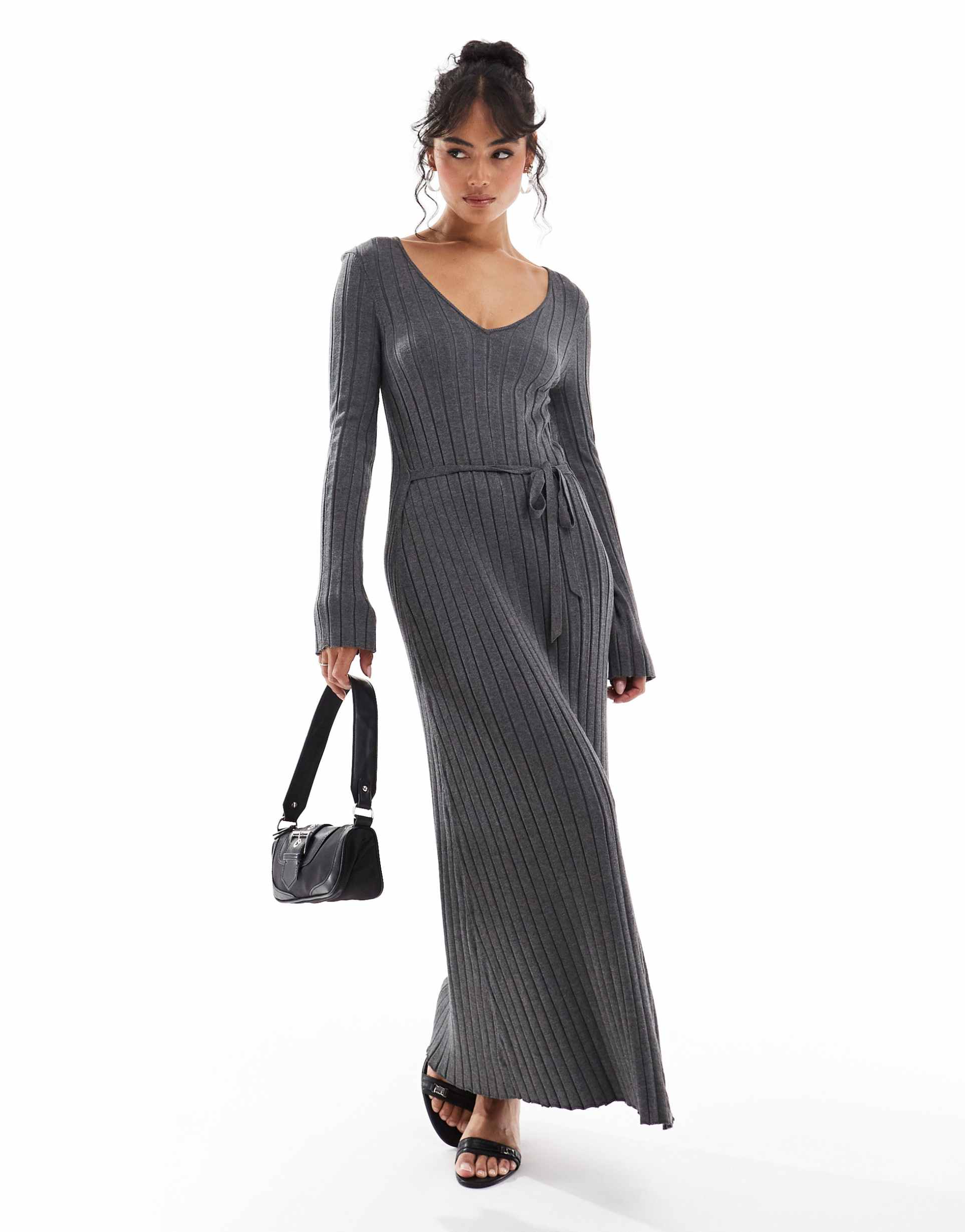 pretty lavish tie knit midaxi dress in charcoal