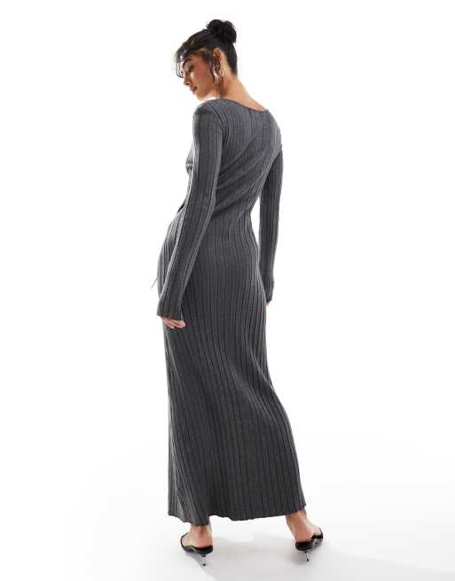 Pretty Lavish tie knit midaxi dress in charcoal, 4 of 4