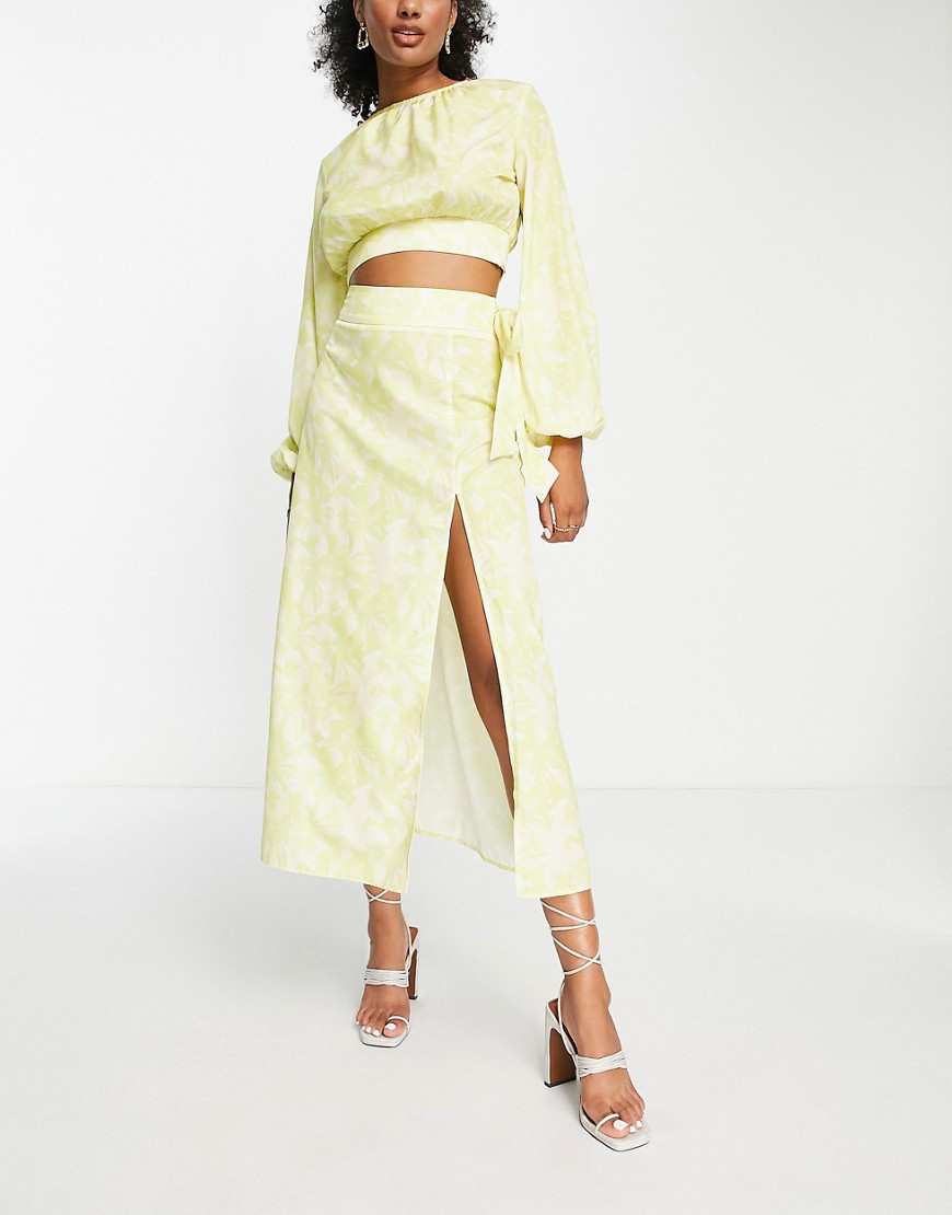 Pretty Lavish tie midaxi skirt co-ord in chartreuse floral-Yellow