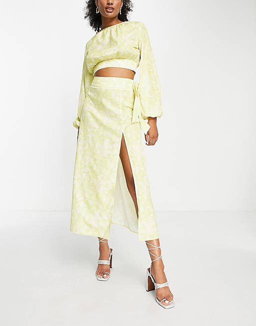 Pretty Lavish tie midaxi skirt in chartreuse floral (part of a set)