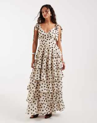 Pretty Lavish tie ruffle maxi dress in cream and oversized brown polka dot