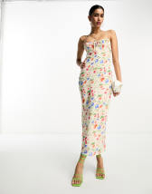 ASOS DESIGN high asymmetric neck maxi dress in olive floral placed