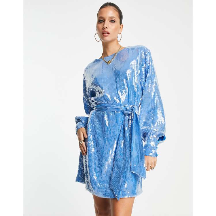 Pretty Lavish tie-waist balloon sleeve embellished mini dress in blue