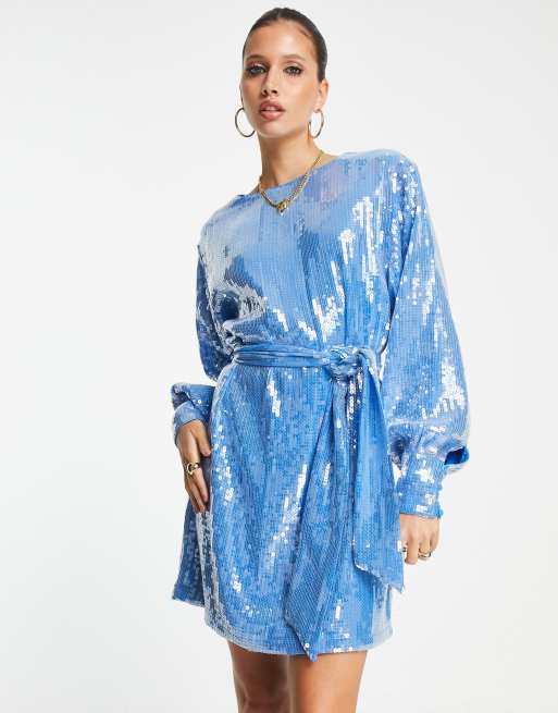 Pretty Lavish tie waist balloon sleeve embellished mini dress in blue