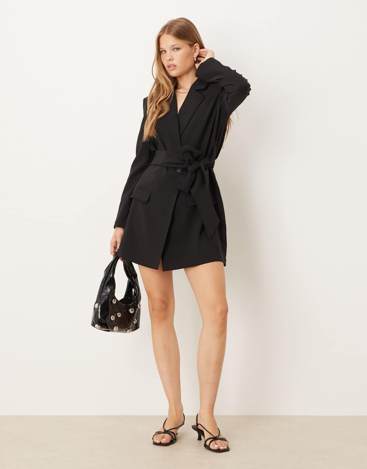 Pretty Lavish tie waist blazer mini dress in black