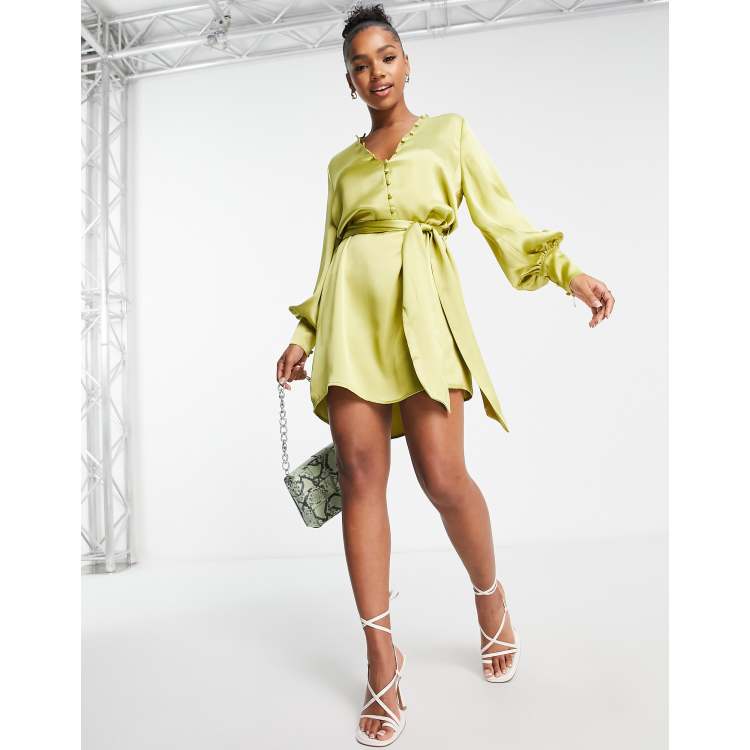 In The Style x Perrie Sian mini shirt dress with wrap detail in chartreuse  animal print