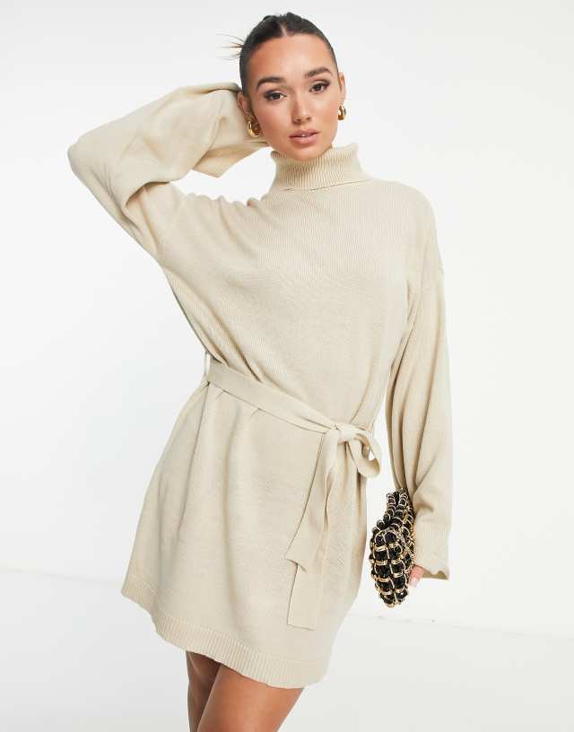 Pretty Lavish tie waist knit mini dress in beige