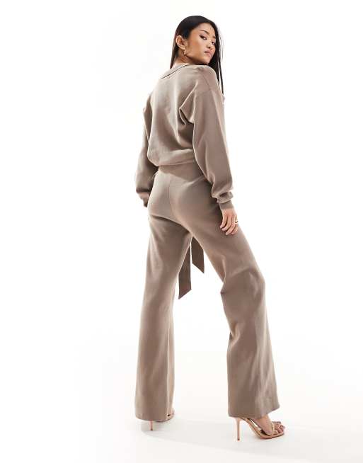 Pretty Lavish tie waist knitted wide leg jumpsuit in taupe