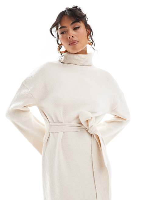 Pretty Lavish tie waist knitted midaxi dress in cream