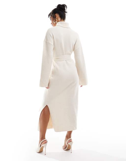 Pretty Lavish tie waist knitted midaxi dress in cream