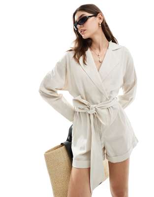 Pretty Lavish tie waist linen blend playsuit in oatmeal-Neutral