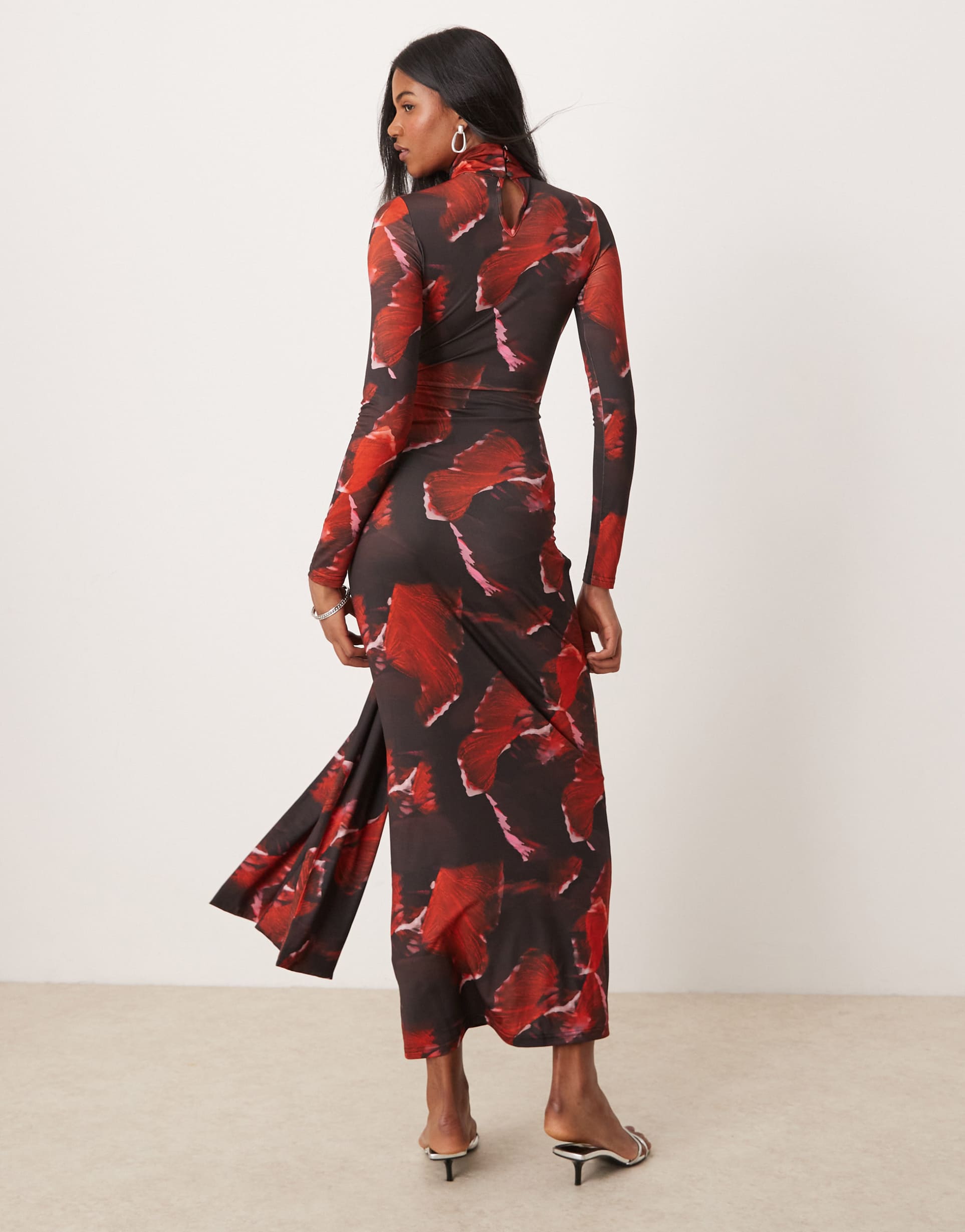 pretty lavish tie waist roll neck maxi dress in red abstract print