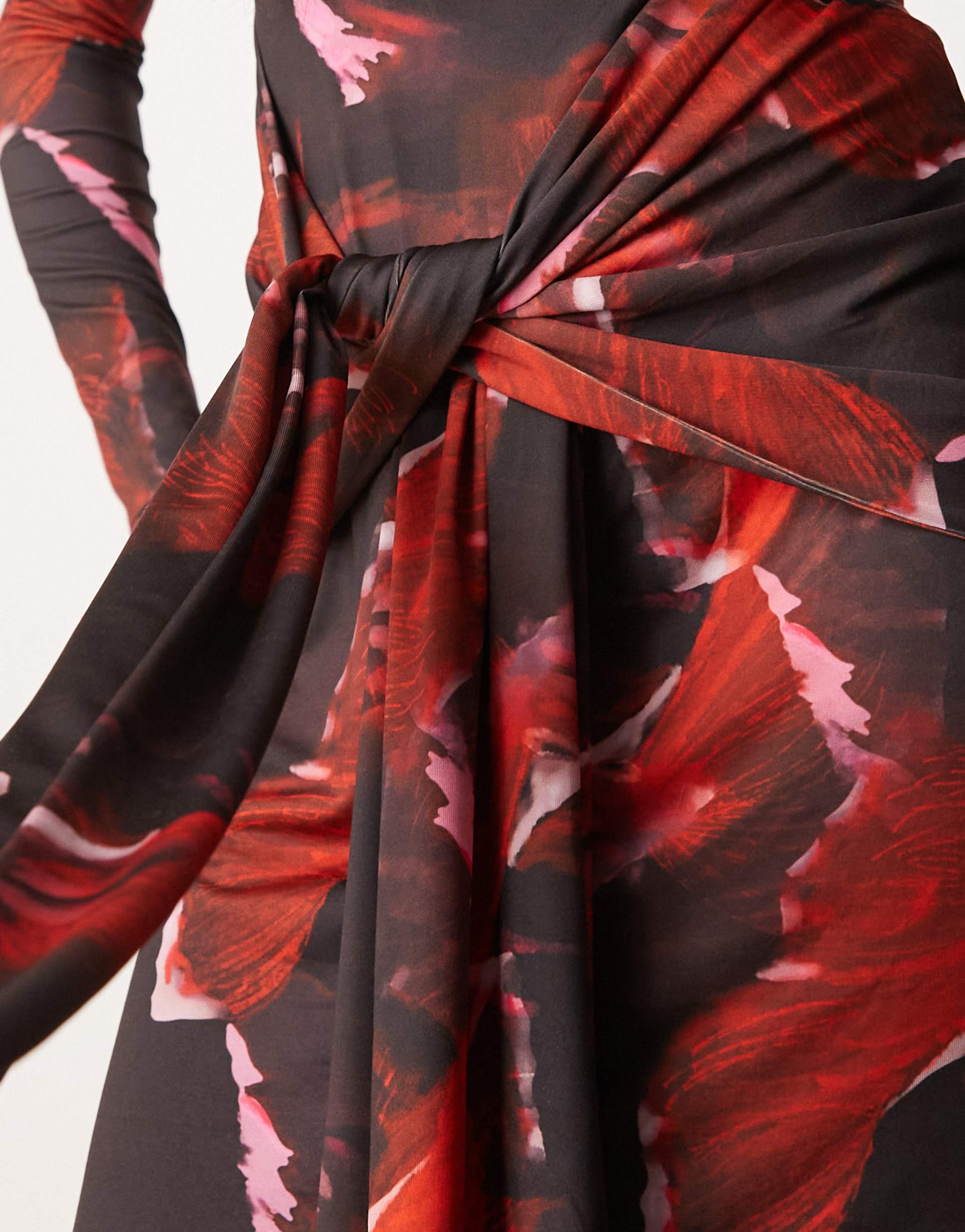 pretty lavish tie waist roll neck maxi dress in red abstract print