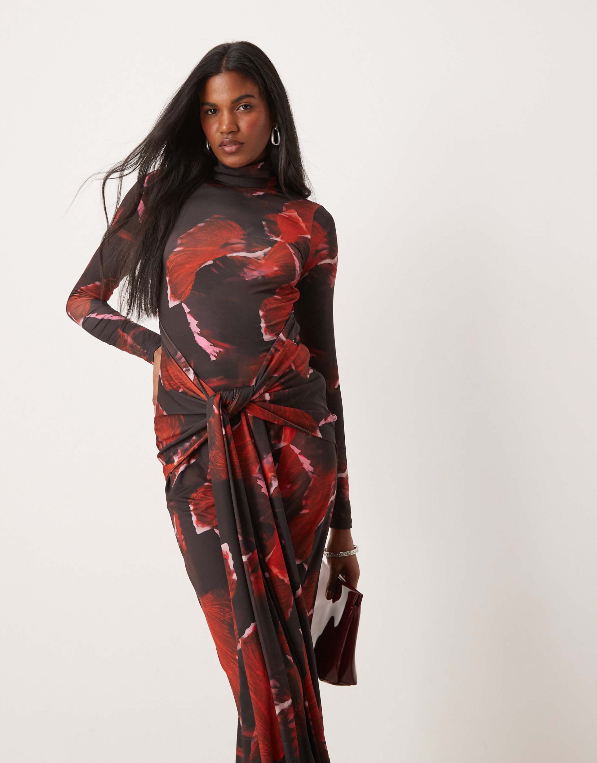 pretty lavish tie waist roll neck maxi dress in red abstract print