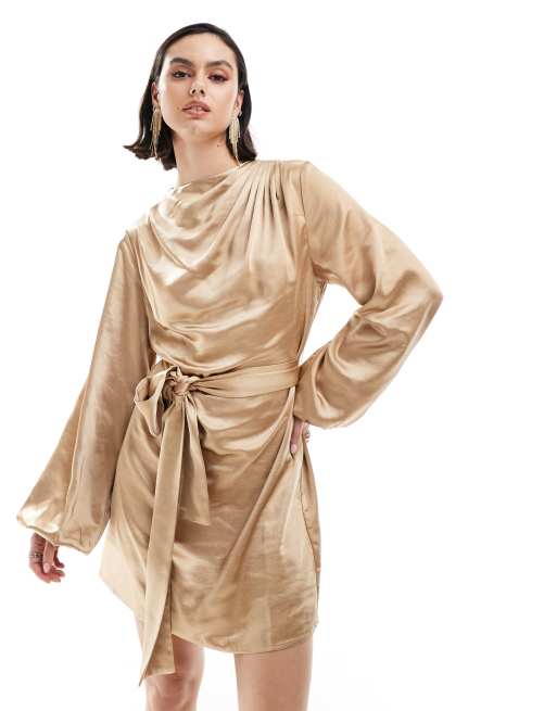 Pretty Lavish tie waist satin mini dress in matte gold