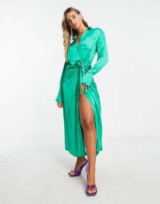 Pretty Lavish Tie Waist Shirt Midaxi Dress In Emerald-green