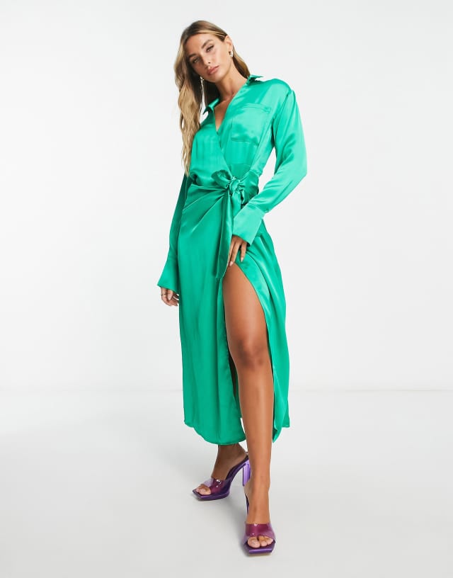 Pretty Lavish tie waist shirt midaxi dress in emerald