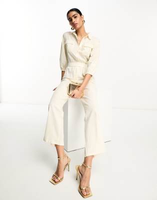 tie waist utility jumpsuit in cream-White