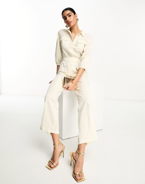 Pretty Lavish tie waist utility jumpsuit in cream - view 1