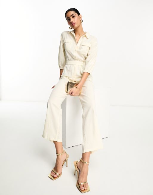 Pretty Lavish tie waist utility jumpsuit in cream