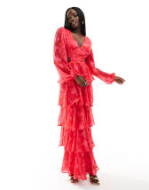 Flounce London long sleeve maxi dress in pink and orange ombre