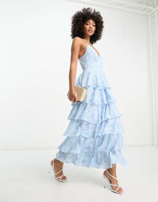 Pretty Lavish tiered ruffle maxi dress in blue ditsy floral