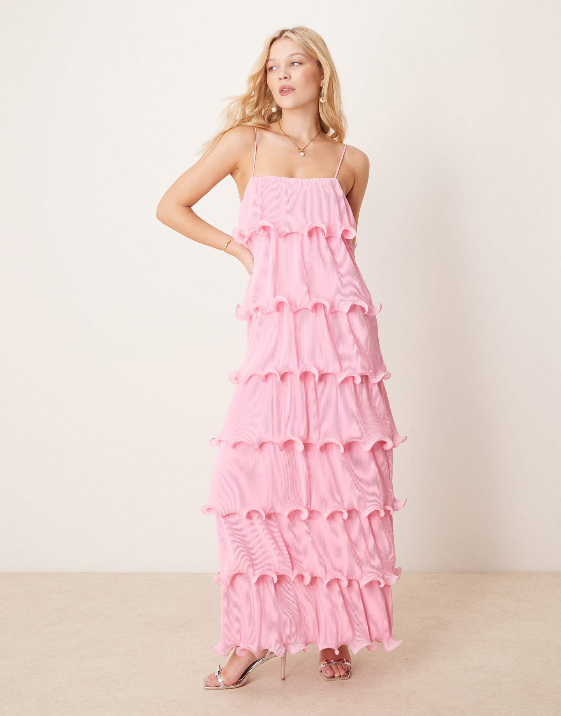 pretty lavish tiered ruffle maxi dress in lilac pink