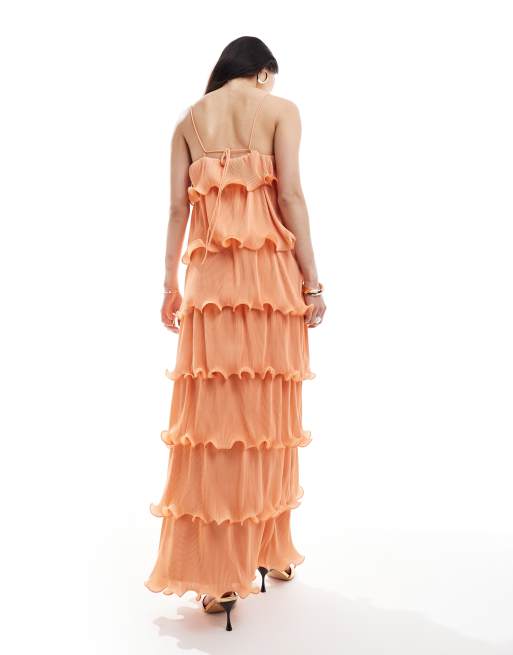 asos ruffle dress orange ASOS LUXE Premium eyelet ruffle plunge maxi dress in coral