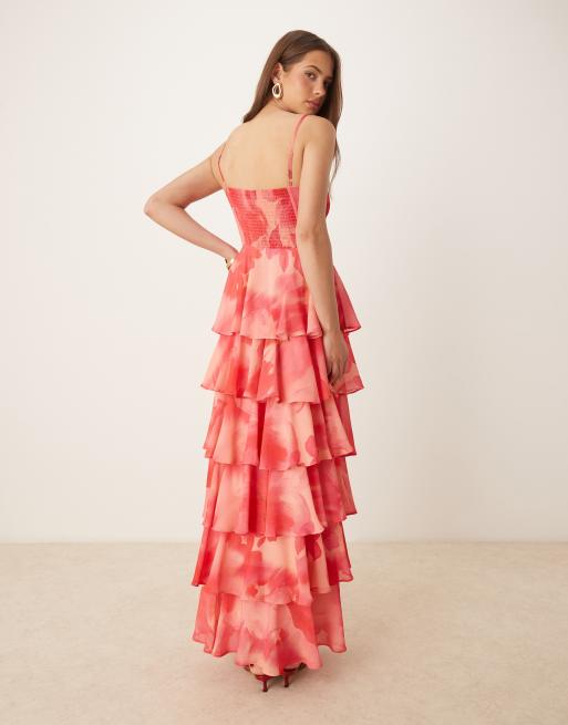 Pretty Lavish tiered ruffle maxi dress in pink and red oversized floral |  ASOS