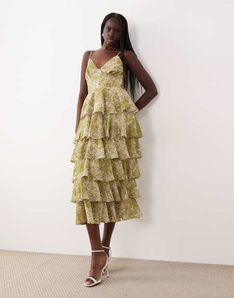 Pretty Lavish tiered ruffle midaxi dress in green abstract print