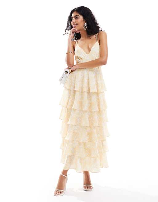Pretty Lavish tiered ruffle midaxi dress in lemon ditsy floral, 3 of 4