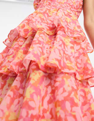 Pretty Lavish tiered ruffle midaxi dress in orange and pink floral