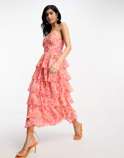 Petite Floral Tiered Ruffle Fitted Maxi Dress