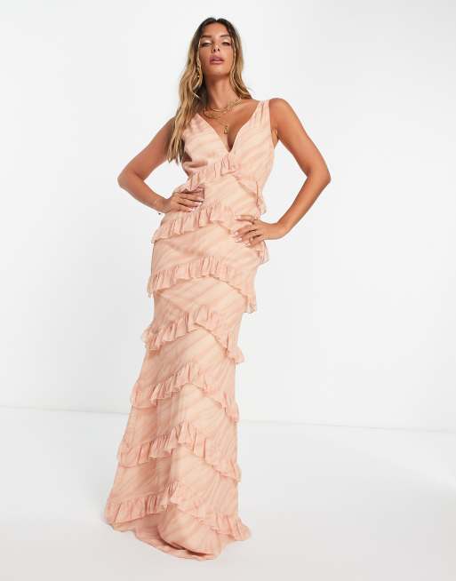 Pretty Lavish tiered ruffle midaxi dress in orange terracotta stripe