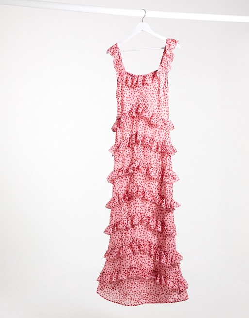 Pretty Lavish tiered ruffle midaxi dress in pink and red spot print