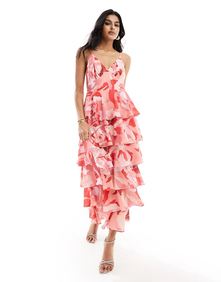 Pretty Lavish tiered ruffle midaxi dress in pink floral-Multi