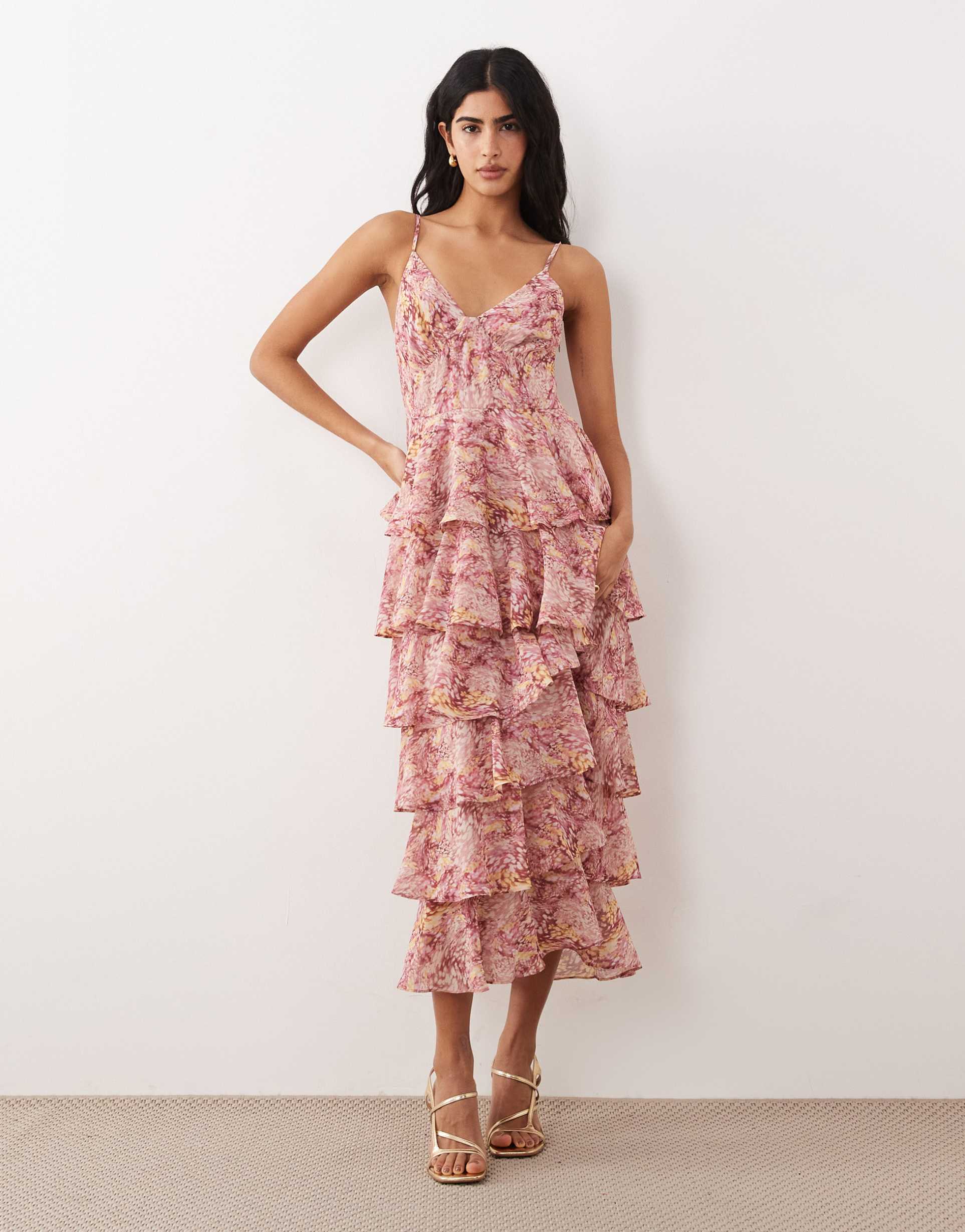 pretty lavish tiered ruffled midaxi dress in berry floral print