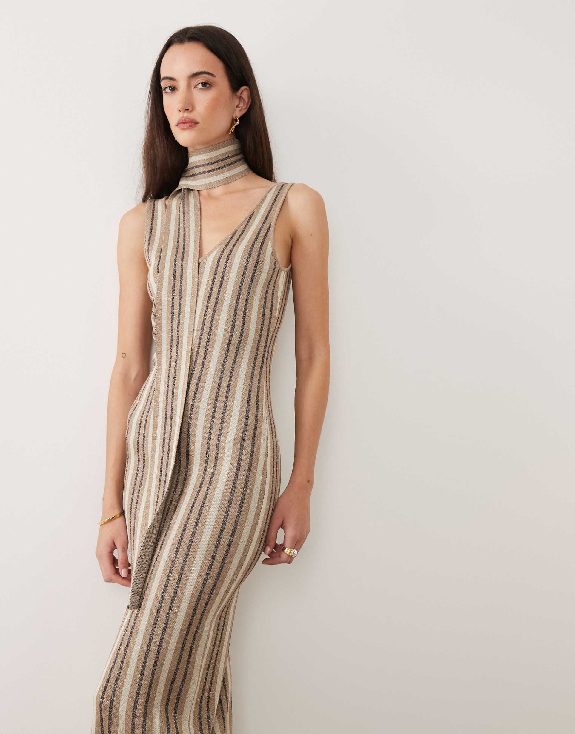 pretty lavish tierra sparkle stripe knit maxi dress with scarf in multi shimmer stripe