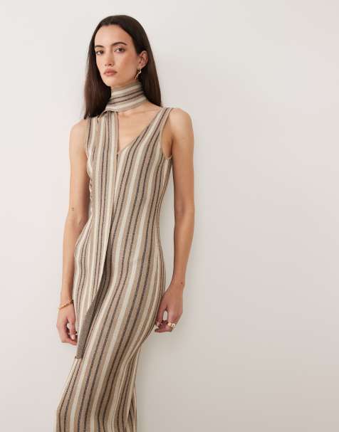 Pretty Lavish Tierra sparkle stripe knit maxi dress with scarf in multi shimmer stripe