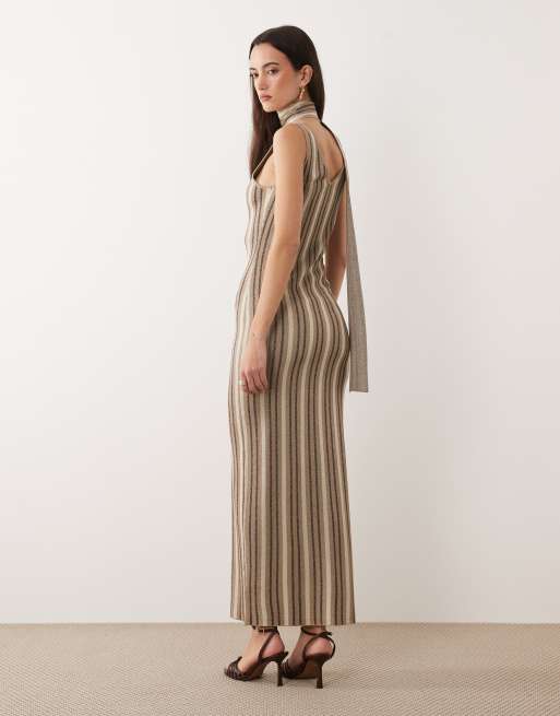 Pretty Lavish - Tierra - Vestito lungo in maglia a righe luccicanti con sciarpa, 4 di 4