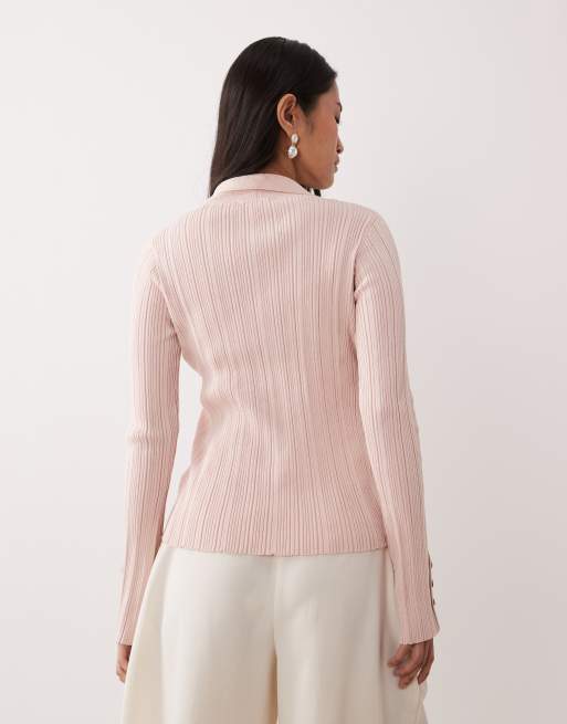 Pretty Lavish - Top a maniche lunghe color cipria a coste con bottoni, 4 di 4