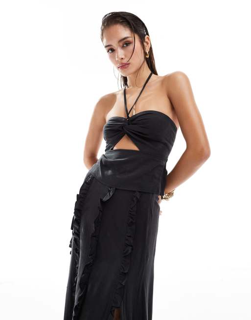 Pretty Lavish - Top allacciato al collo nero testurizzato in coordinato