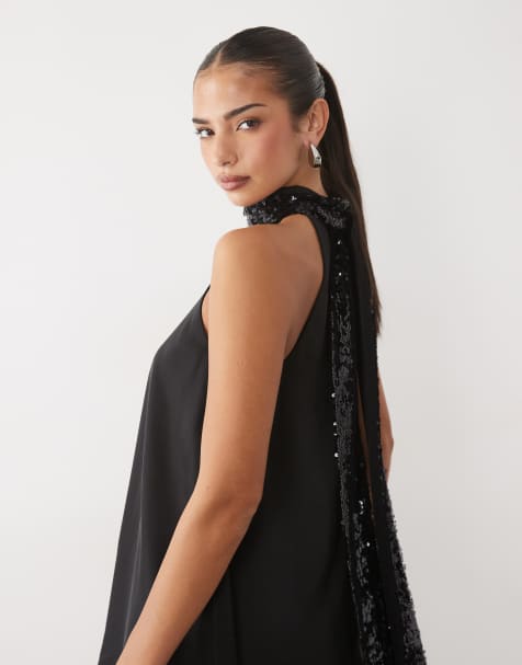 Pretty Lavish top asimmetrico con paillettes, collo alto e dettaglio foulard nero - view 1