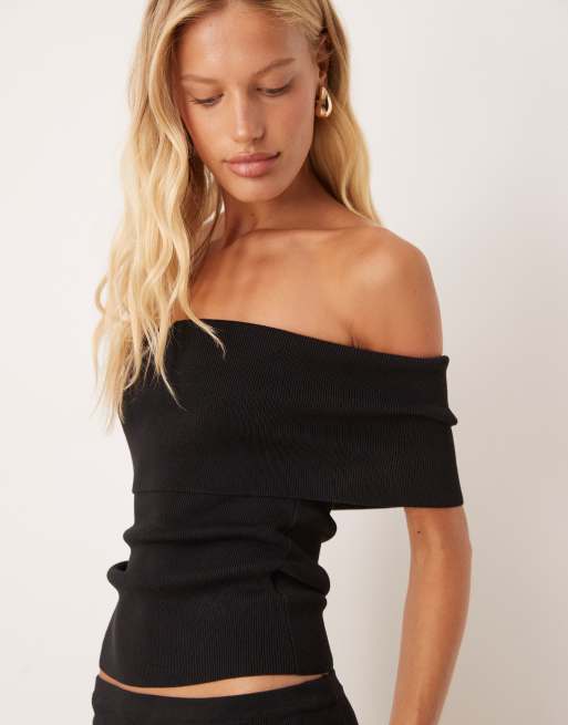 Pretty Lavish - Top nero in maglia con scollo alla Bardot in coordinato, 4 di 4