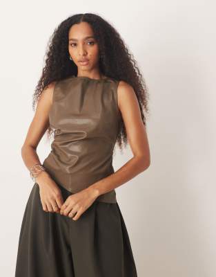 Top sans manches en similicuir à ourlet asymétrique - Kaki-Vert 40