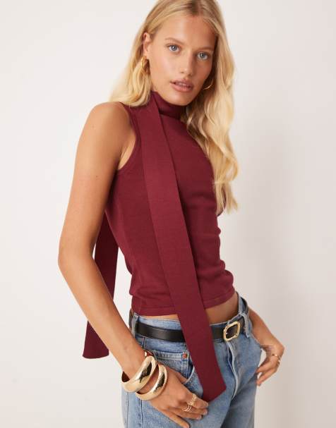 Pretty Lavish - Top senza maniche accollato in maglia bordeaux con sciarpa - view 1