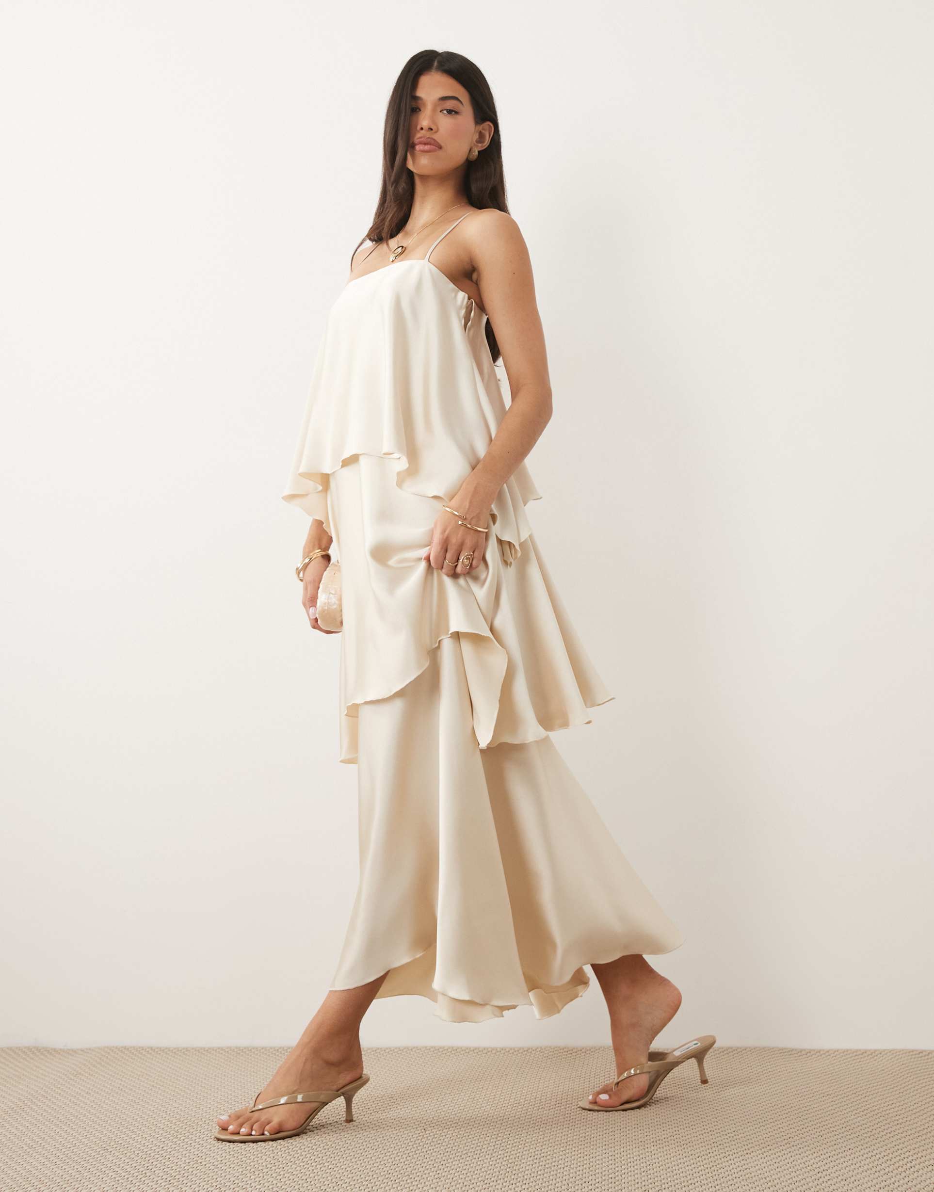 pretty lavish tove cami square neck extreme tiered ruffle maxi dress in cream