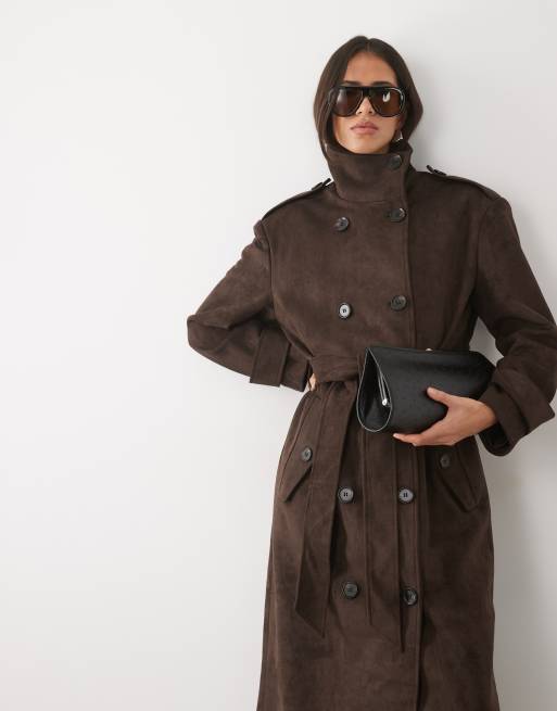 Pretty Lavish trench-coat long à col montant en marron, 4 de 4