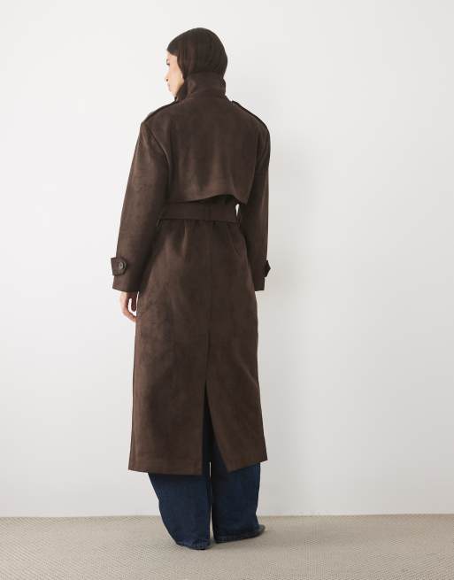 Pretty Lavish trench-coat long en daim synthétique à col montant marron, 3 de 4